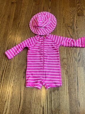 Hanna Andersson Pink & White Striped Kids Rashguard Swim Suit with Hat
